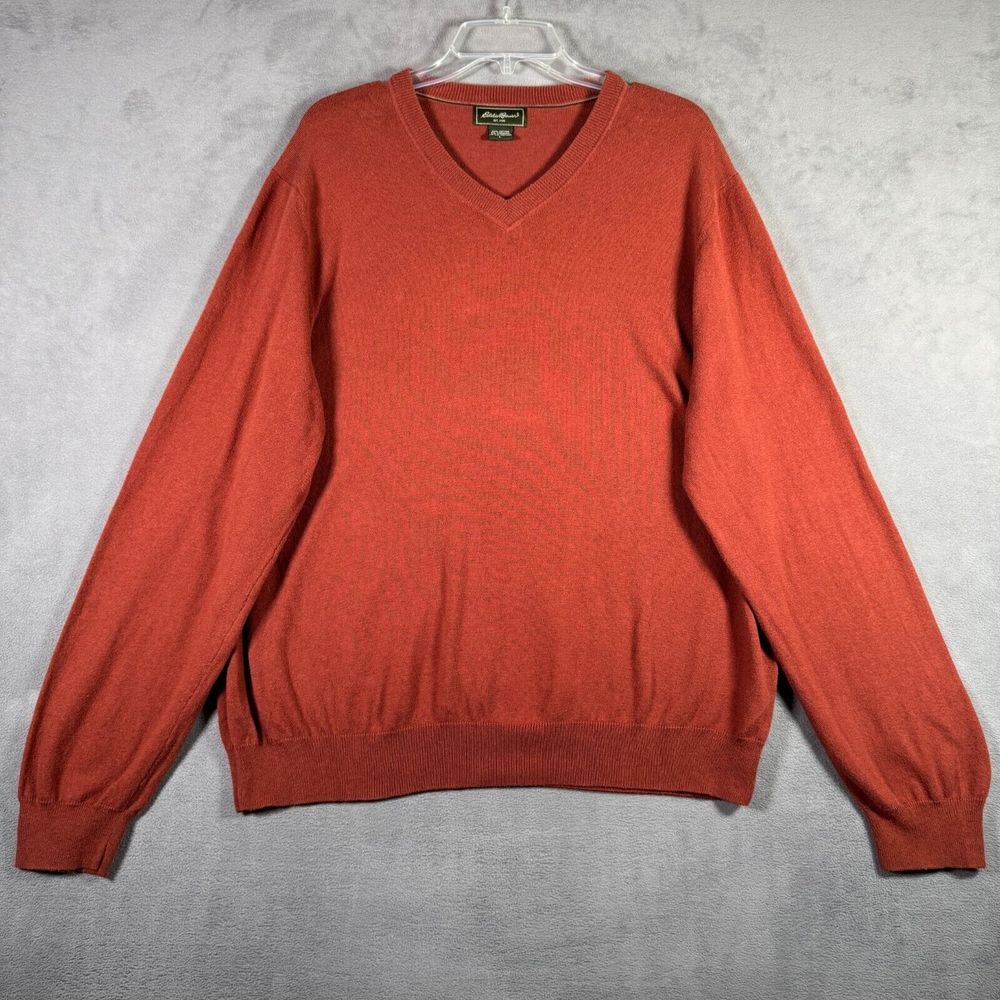 Eddie Bauer Sweater Mens L Rust Cashmere Blend Ribbed Hem V-Neck Pullover Casual